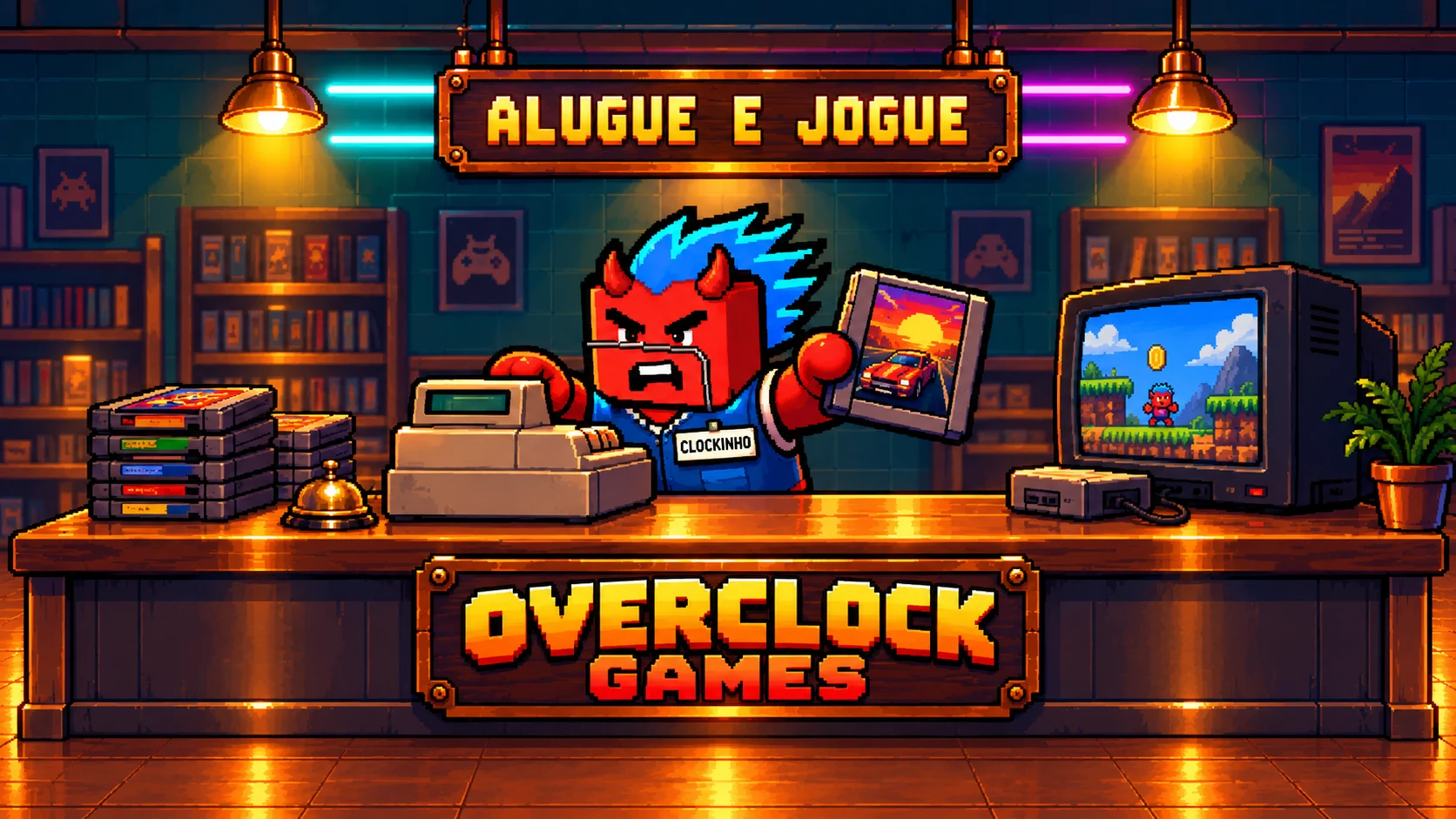 Clockinho atendendo no balcão da locadora, de colete azul, com uma pilha de cartuchos e uma TV de tubo.